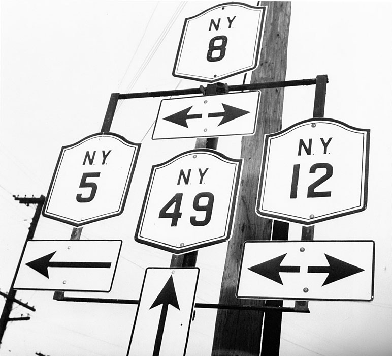 New York - State Highway 5, State Highway 8, State Highway 12, and State Highway 49 sign.