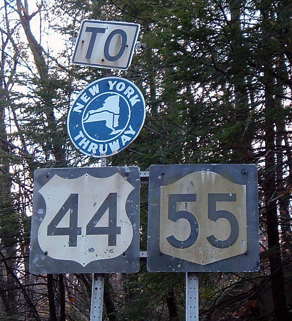 New York - State Highway 55, U.S. Highway 44, and New York Thruway sign.