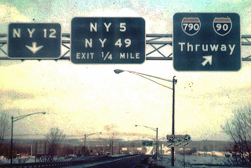 New York - state highway 12, state highway 49, state highway 5, interstate 90, and interstate 790 sign.