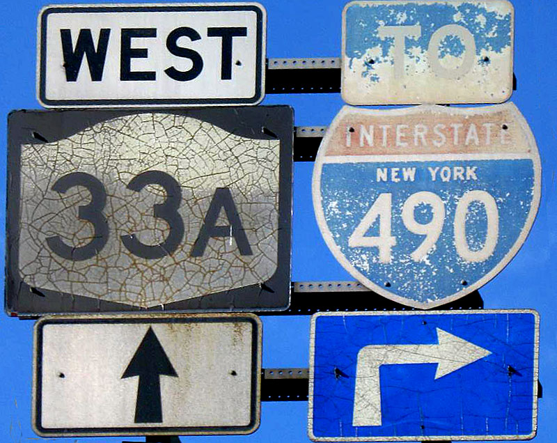 New York - State Highway 33 and Interstate 490 sign.