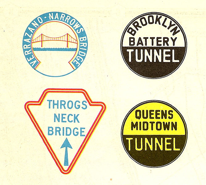 New York - Bronx Whitestone Bridge, Henry Hudson Bridge, Cross Bay Bridge, Triborough Bridge, Marine Parkway Bridge, Throgs Neck Bridge, Queens Midtown Tunnel, Brooklyn Battery Tunnel, and Verrazano-Narrows Bridge sign.