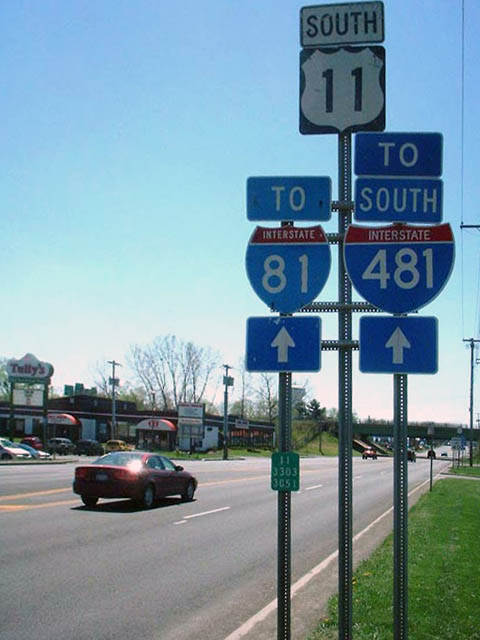 New York - Interstate 481, Interstate 81, and U.S. Highway 11 sign.