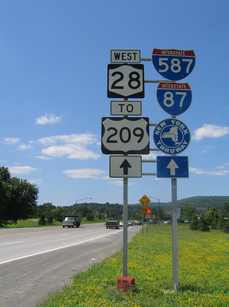 New York - Interstate 587, New York Thruway, Interstate 87, State Highway 28, and U.S. Highway 209 sign.