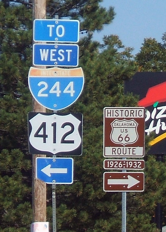 Oklahoma - U.S. Highway 412, Interstate 244, and U.S. Highway 66 sign.