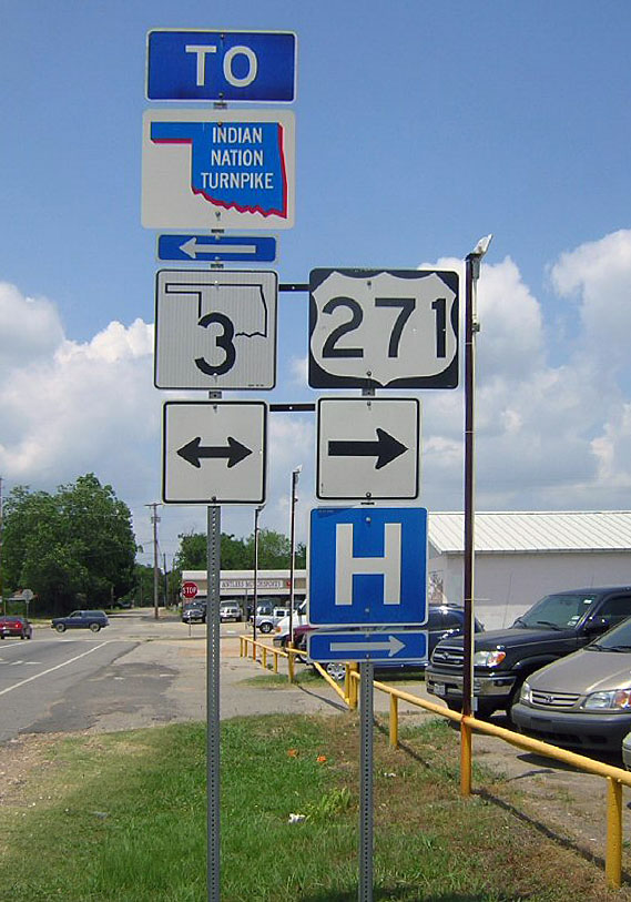 Oklahoma - Indian Nation Turnpike, U.S. Highway 271, and State Highway 3 sign.