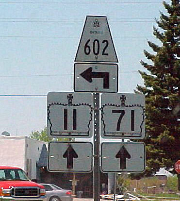 Ontario - Provincial Highway 71, Provincial Highway 11, and secondary provincial route 602 sign.