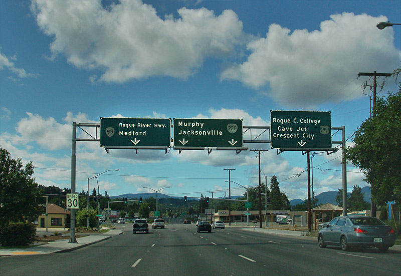 Oregon - State Highway 238, U.S. Highway 199, and State Highway 99 sign.