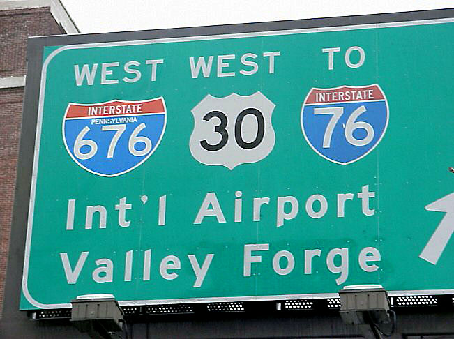 Pennsylvania - Interstate 676, U.S. Highway 30, and Interstate 76 sign.