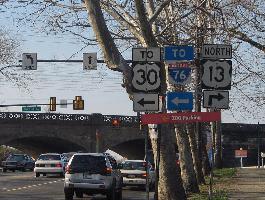 Pennsylvania - U.S. Highway 13, U.S. Highway 30, and Interstate 76 sign.