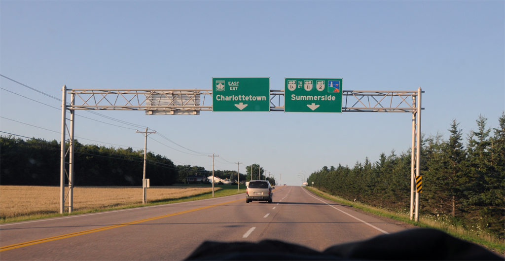 Prince Edward Island - Trans-Canada Route 1, Provincial Highway 1A, scenic byway, Provincial Highway 2, and Provincial Highway 11 sign.