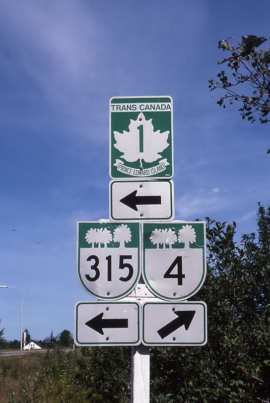 Prince Edward Island - Trans-Canada Route 1, Provincial Highway 4, and Provincial Highway 315 sign.