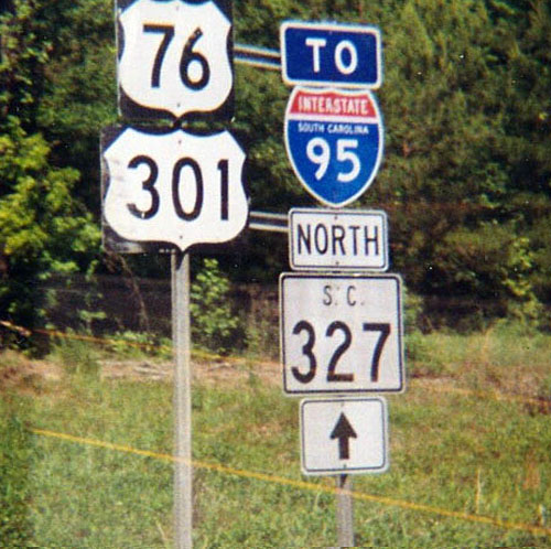 South Carolina - U.S. Highway 76, U.S. Highway 301, State Highway 327, and Interstate 95 sign.