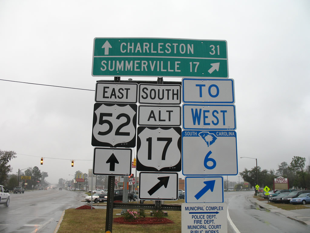 South Carolina - U.S. Highway 17, State Highway 6, and U.S. Highway 52 sign.