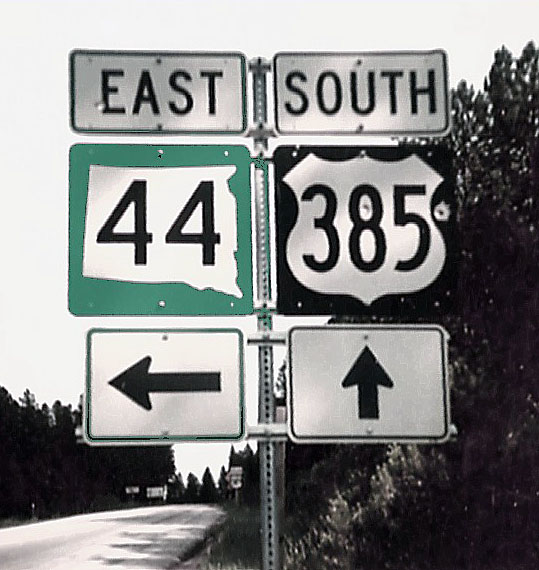 South Dakota - State Highway 44 and U.S. Highway 385 sign.