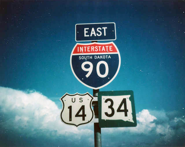 South Dakota - interstate 90, U. S. highway 14, and state highway 34 sign.