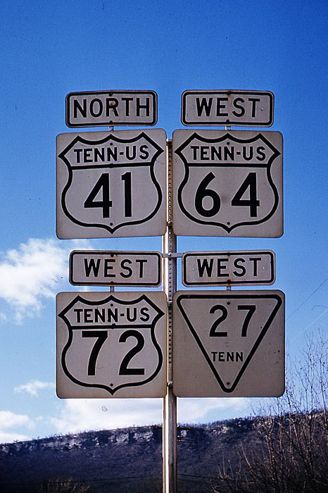 Tennessee - state highway 27, U. S. highway 72, U. S. highway 64, and U. S. highway 41 sign.