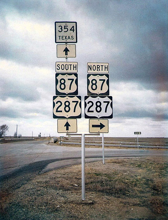Texas - State Highway 354, U.S. Highway 87, and U.S. Highway 287 sign.