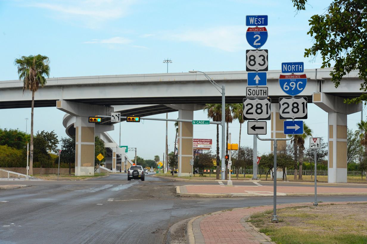 Texas - interstate 2, interstate 69c, U.S. highway 83, and U.S. highway 281 sign.