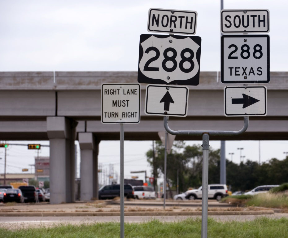 Texas - State Highway 288 and U.S. Highway 288 sign.