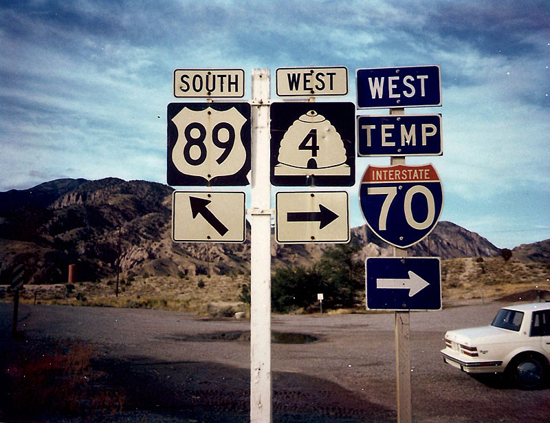 Utah - U.S. Highway 89, State Highway 4, and Interstate 70 sign.