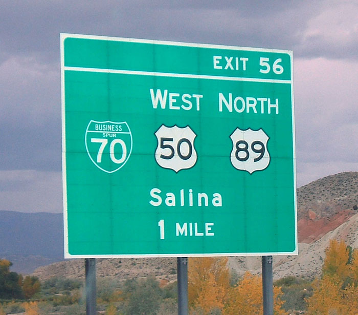 Utah - U. S. highway 89, U. S. highway 50, and business spur 70 sign.