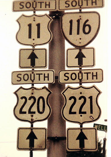 Virginia - U.S. Highway 221, U.S. Highway 220, State Highway 116, and U.S. Highway 11 sign.