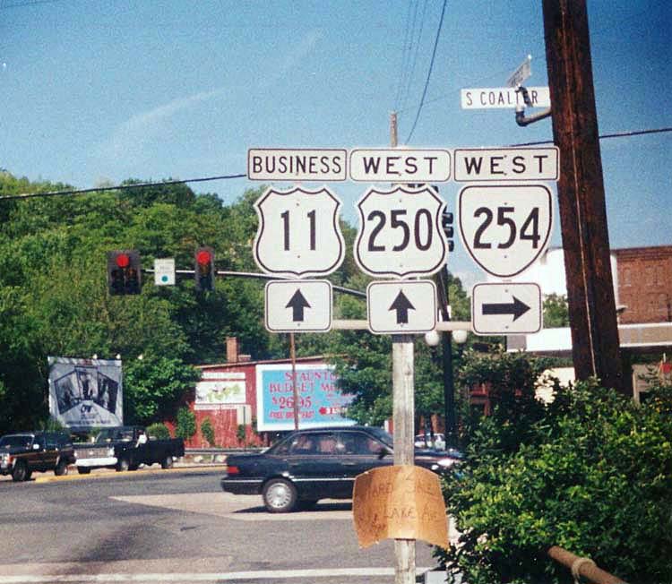 Virginia - State Highway 254, U.S. Highway 250, and U.S. Highway 11 sign.