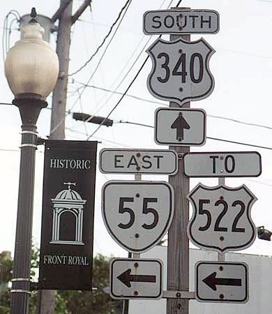 Virginia - State Highway 55, U.S. Highway 522, and U.S. Highway 340 sign.