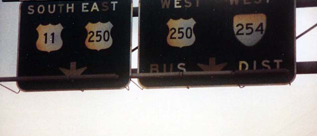 Virginia - State Highway 254, U.S. Highway 250, and U.S. Highway 11 sign.
