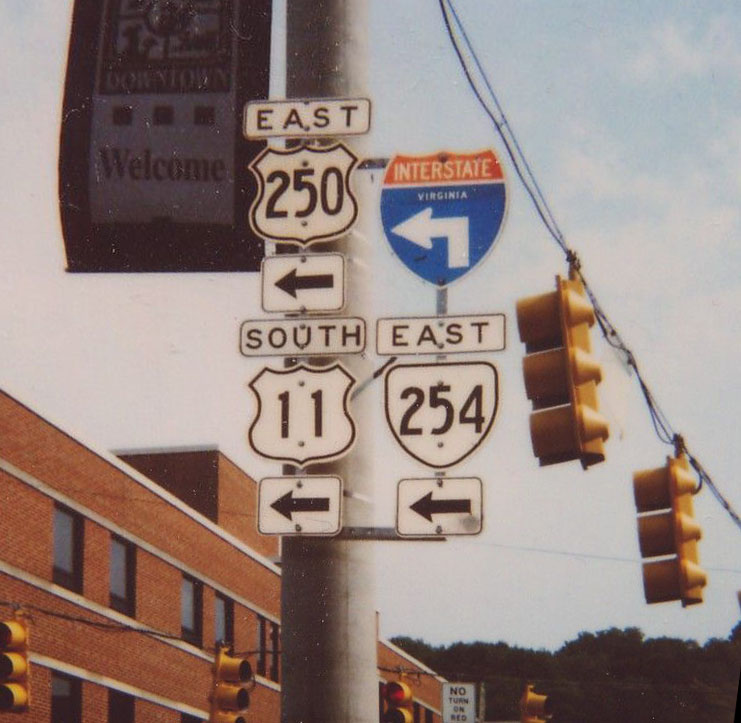 Virginia - U.S. Highway 11, U.S. Highway 250, interstate highway trailblazer, and State Highway 254 sign.