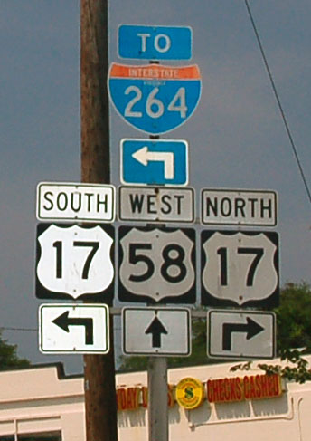 Virginia - U.S. Highway 58, U.S. Highway 17, and Interstate 264 sign.