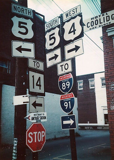 Vermont - State Highway 14, U.S. Highway 4, U.S. Highway 5, Interstate 91, and Interstate 89 sign.