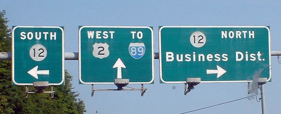 Vermont - Interstate 89, U.S. Highway 2, and State Highway 12 sign.