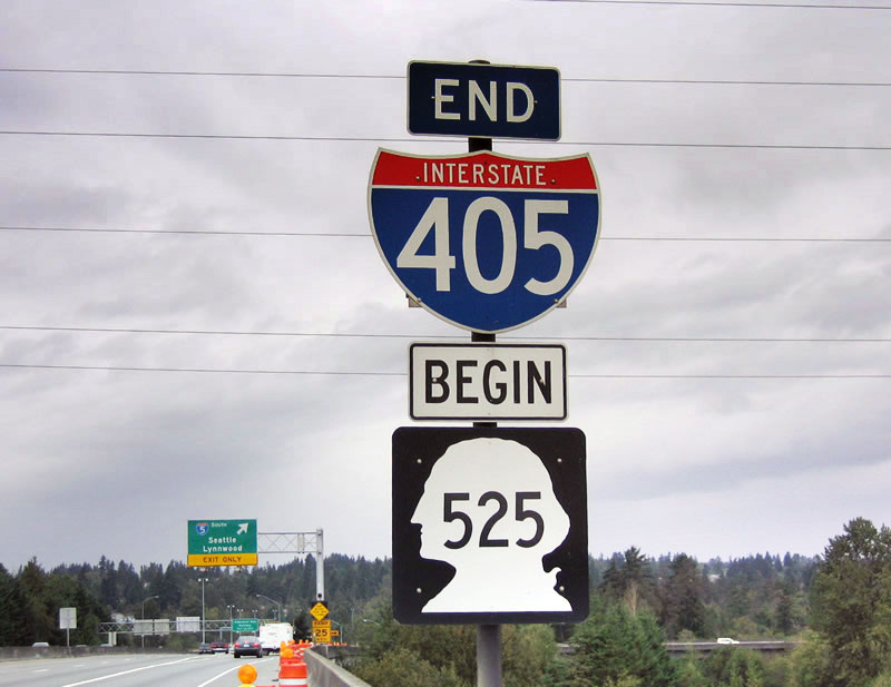 Washington - State Highway 525 and Interstate 405 sign.