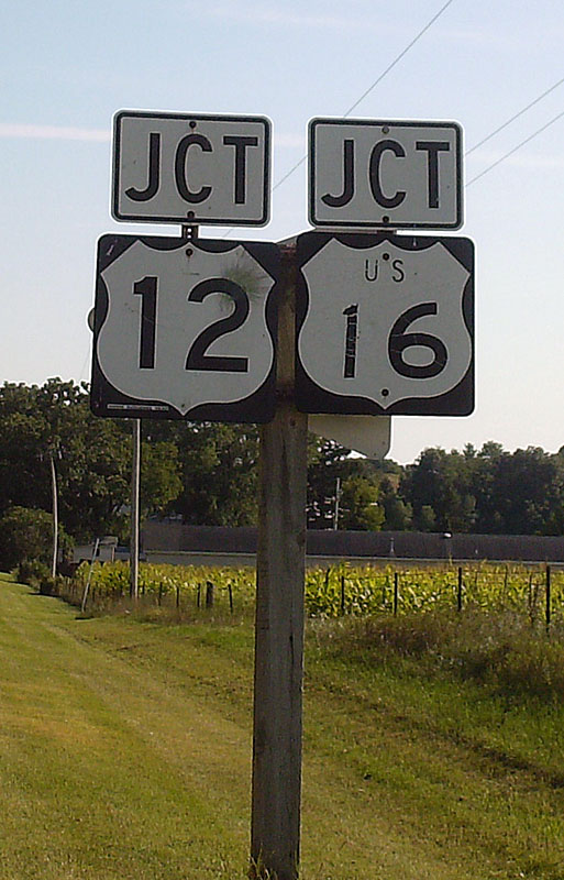 Wisconsin - U.S. Highway 16, U.S. Highway 12, and county route A sign.