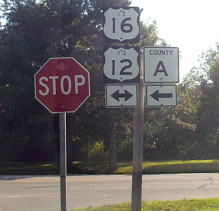 Wisconsin - U.S. Highway 16, U.S. Highway 12, and county route A sign.