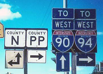 Wisconsin - county route N, county route PP, Interstate 90, and Interstate 94 sign.