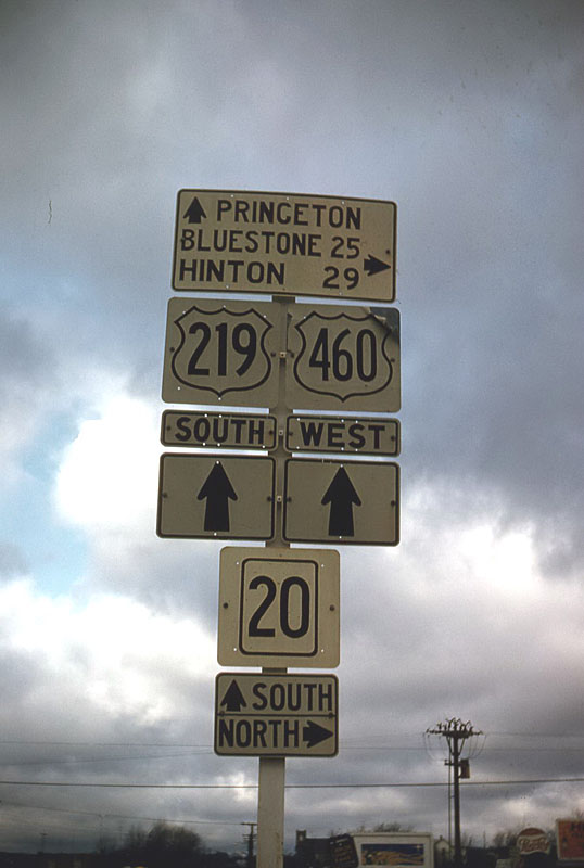 West Virginia - state highway 20, U. S. highway 460, and U. S. highway 219 sign.