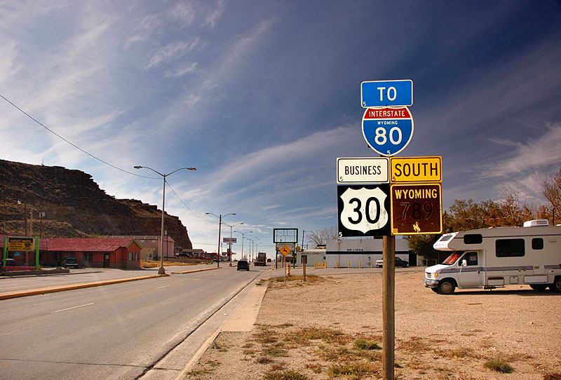 Wyoming - State Highway 789, U.S. Highway 30, and Interstate 80 sign.
