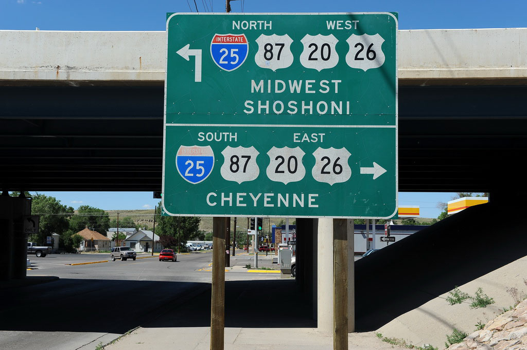 Wyoming - Interstate 25, U.S. Highway 20, U.S. Highway 26, and U.S. Highway 87 sign.
