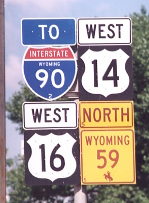 Wyoming - Interstate 90, State Highway 59, U.S. Highway 16, and U.S. Highway 14 sign.