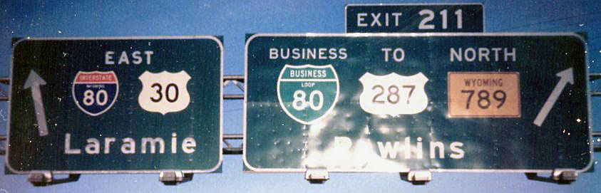 Wyoming - State Highway 789, U.S. Highway 287, business loop 80, U.S. Highway 30, and Interstate 80 sign.