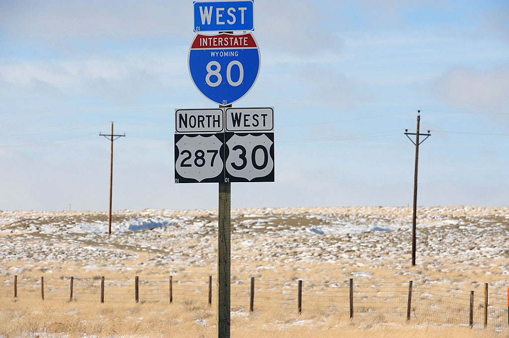 Wyoming - U.S. Highway 30, U.S. Highway 287, and Interstate 80 sign.