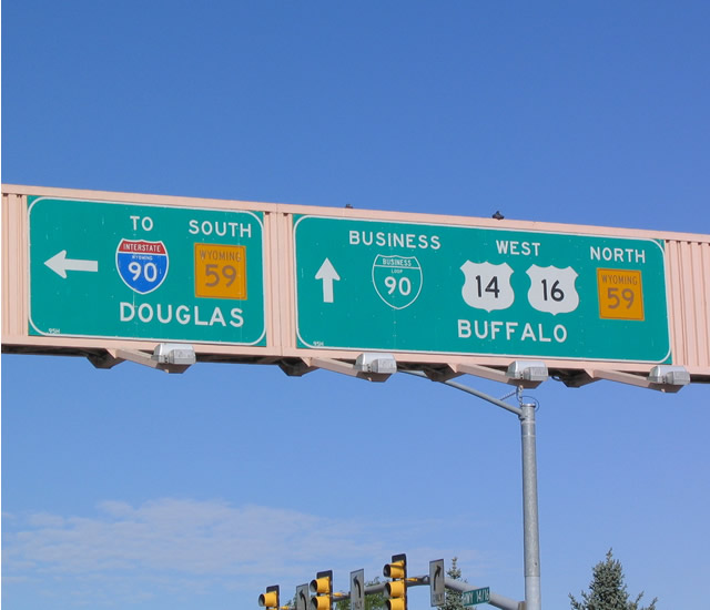 Wyoming - Interstate 90, U.S. Highway 16, U.S. Highway 14, business loop 90, and State Highway 59 sign.