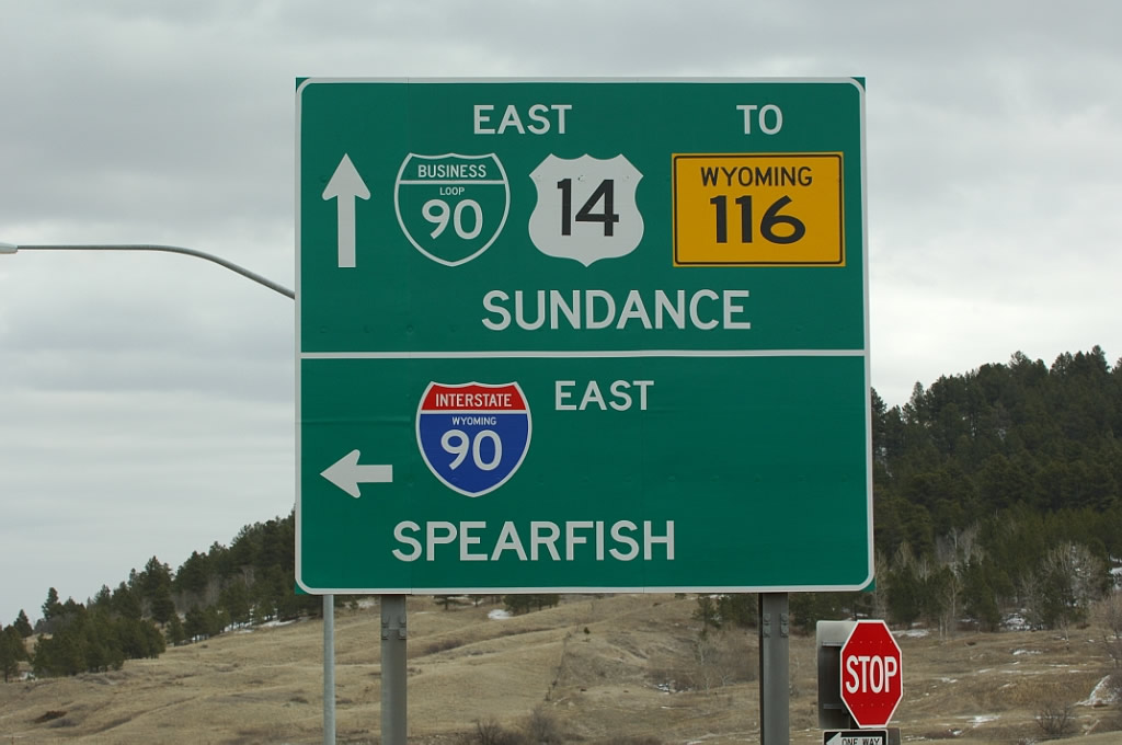 Wyoming - Interstate 90, State Highway 116, U.S. Highway 14, and business loop 90 sign.