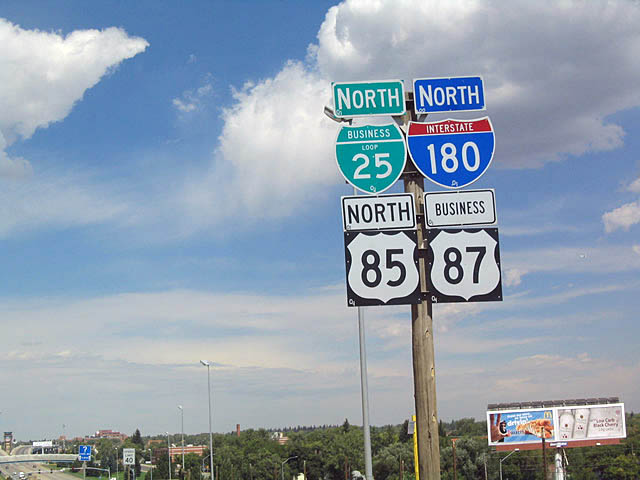 Wyoming - Interstate 180, U.S. Highway 87, U.S. Highway 85, and Interstate 25 sign.
