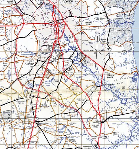 1970s map showing a proposed bypass of Dover, DE