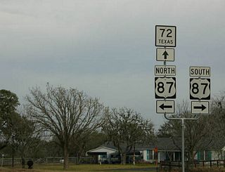 SH 72 crosses US 87 here. SH 72 used to end at US 87 but was later extended to Cuero.