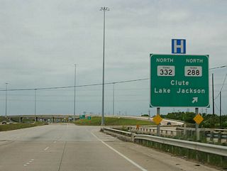 Texas 332 merges with Texas 288 from Oyster Creek and Surfside Beach to the southeast. The two highways travels west between industrial south Lake Jackson and Clute along a drainage canal. Brazosport Boulevard continues north along the old route through Clute to Richwood and Angleton.