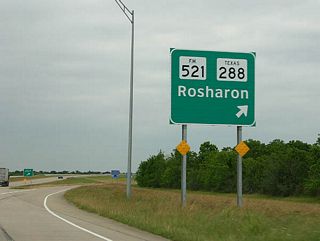Texas 288 Business returns to Texas 288 north of Angleton and south of Bonney. A diamond interchange facilitates the movements between the two highways south of the Texas 288 Business merge/end with FM 521. FM 521 parallels Texas 288 northward to Rosharon, Juliff, Arcola, and the south Houston suburbs.